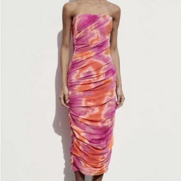 ZARA Tie Dye Strapless Midi Dress Womens Small Pink Orange Tulle - Picture 1 of 11